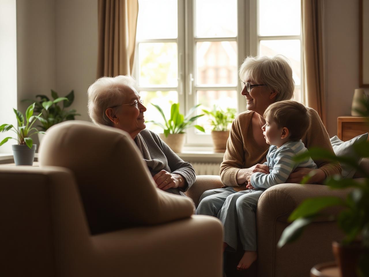 Trois générations d'une famille discutant sereinement dans un salon lumineux